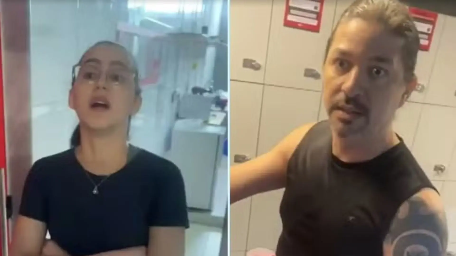 Imagem de um homem e uma mulher em contexto de ginásio de academia, ambos usando roupas esportivas, aparentemente conversando ou treinando.