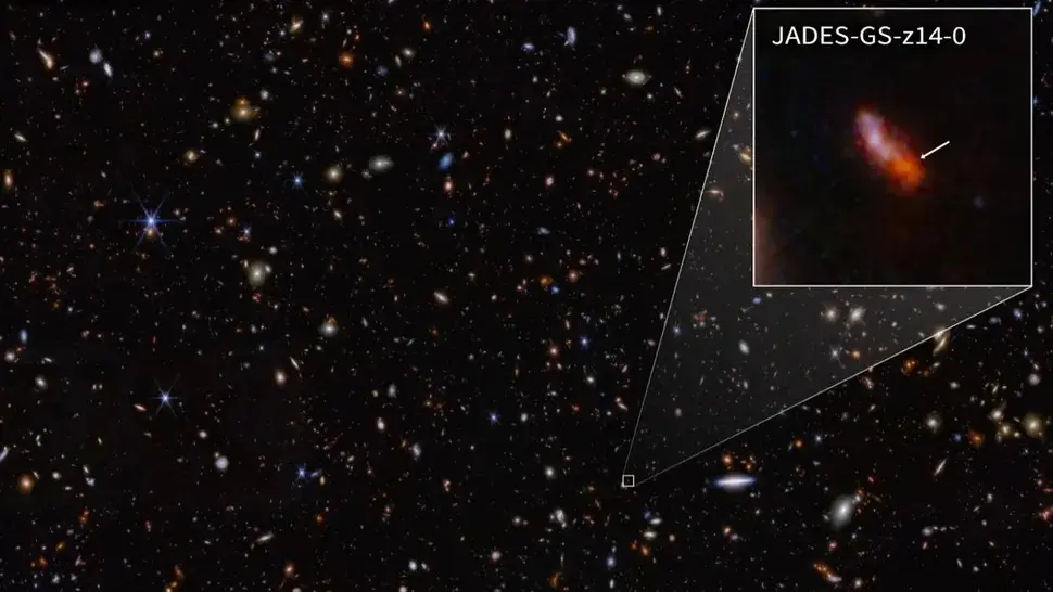 Imagem de satélite com fundo preto do universo, várias estrelas e outros corpos celestes coloridos em azul, vermelho e amarelo, com destaque ampliado para uma mancha vermelha elíptica representando uma galáxia distante