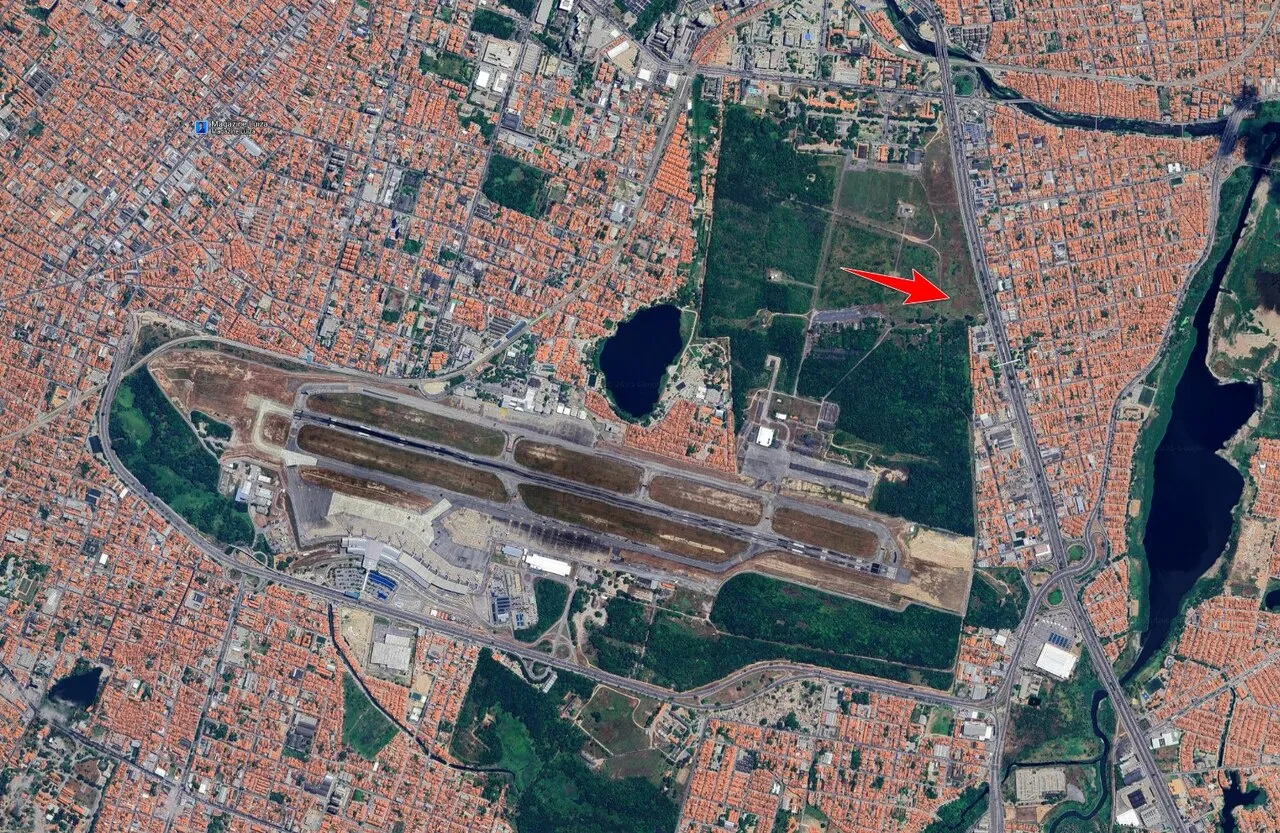 Complexo logístico da Aerotropolis será na margem da BR-116, na área aeroportuária de Fortaleza, como indica seta
