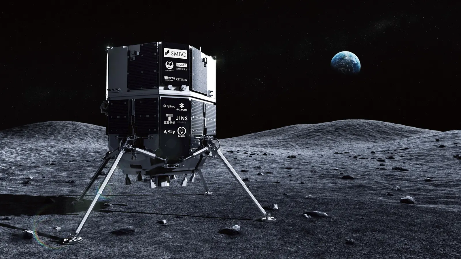 Imagem produzida por inteligência artificial mostra, em primeiro plano, a sonda Resilience, da empresa iSpace, um objeto metálico em formato cilíndrico e sustentado por quatro hastes. As hastes estão fincadas no que simula o solo lunar, cinza e rochoso. Ao fundo, em segundo plano, o planeta Terra.
