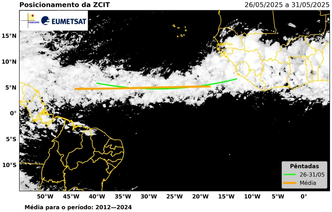 Imagem de satélite mostra posição da banda de nuvens da ZCIT ao fim de maio, último mês da quadra chuvosa no Ceará