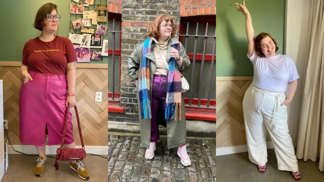 Consultora de estilo Elaine Quinderé em uma montagem com três fotos de looks coloridos e autenticos