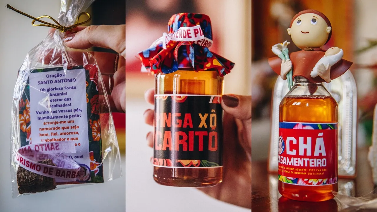 Kit com oração, fitinha e casca do Pau da Bandeira; pinga 'Xô Caritó' e o famoso Chá Casamenteiro