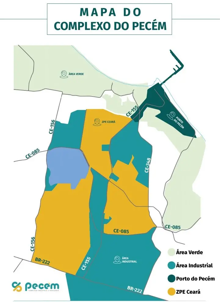 Mapa colorido em verde e amarelo mostrando as zonas do Porto do Pecém, no Ceará