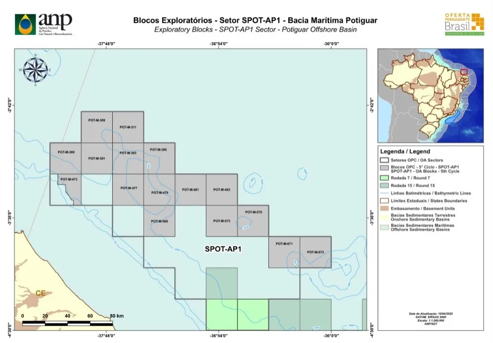 Mapa com demarcação de blocos de exploração de petróleo na Margem Equatorial que foram para leilão, evidencia costa do Ceará