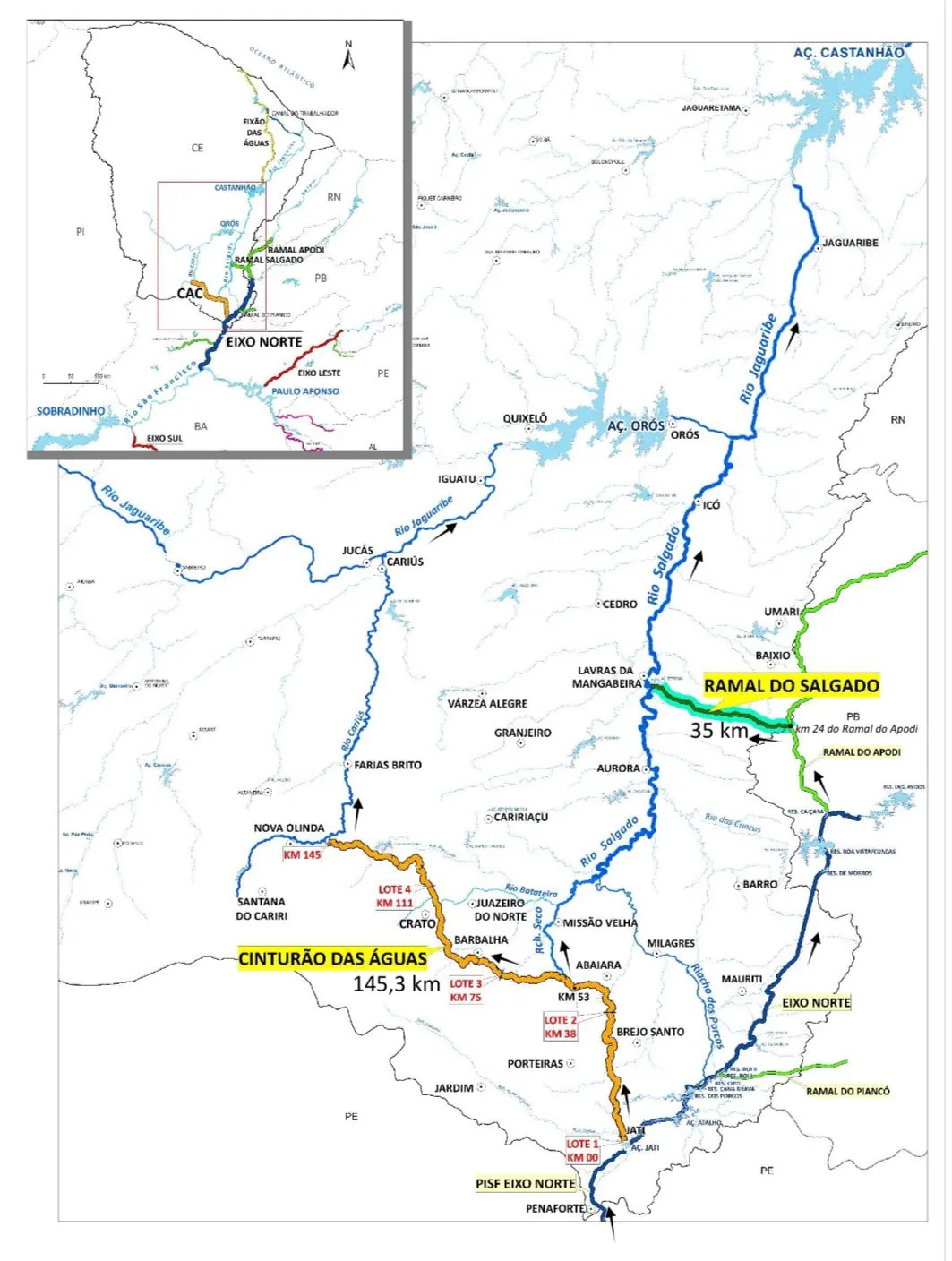 Ramal do Salgado (em verde) deve encurtar caminho das águas do São Francisco ao Castanhão