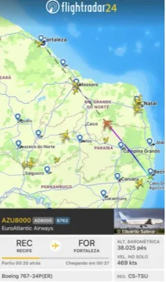 A aeronave saiu de Recife por volta das 19h e pousou por volta das 20h40 em Fortaleza