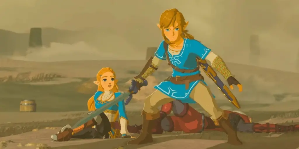 Imagem do jogo The Legend of Zelda: Breath of the Wild, mostrando Link e Zelda em cenário de aventura com elementos de fantasia.