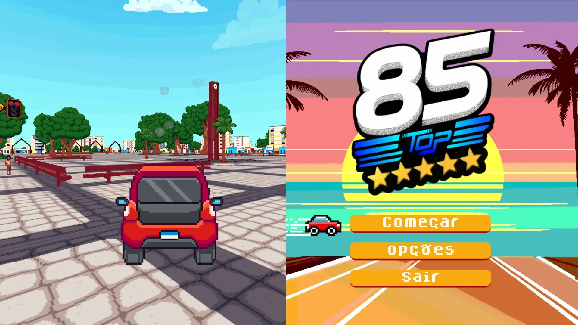 Imagem de um jogo de carro com gráficos 3D, mostrando uma cidade ao fundo e um menu principal com opções para começar, opções e sair. Ao lado, tela de pontuação com destaque '85Top'.