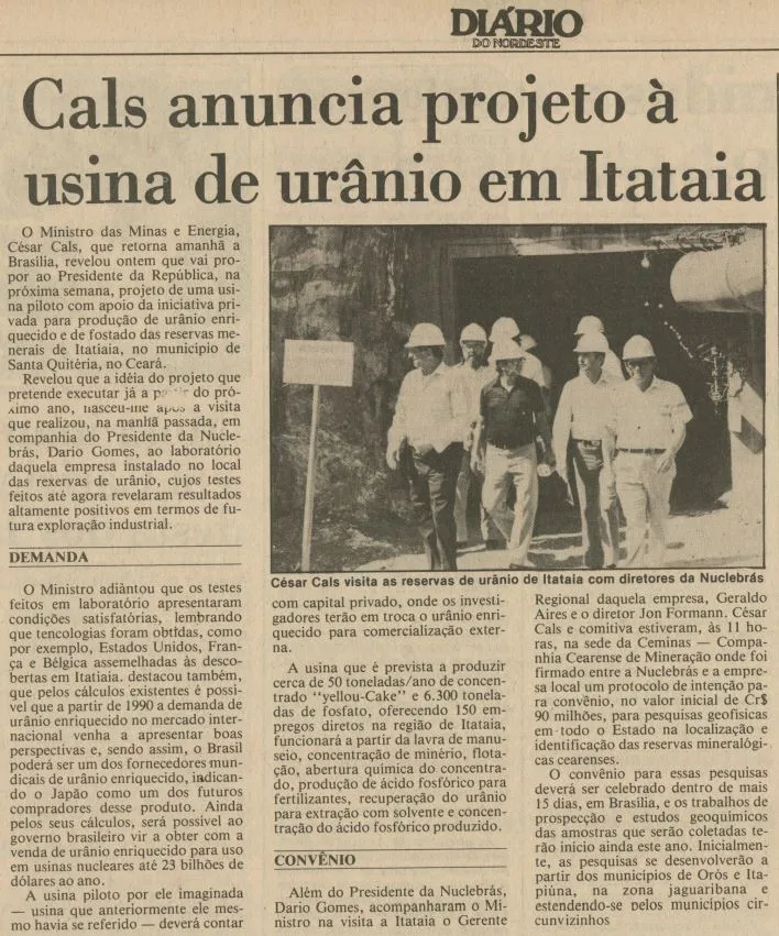 Reportagem do Diário do Nordeste já mostrava, em 1984, planos para uma usina de urânio em Itataia