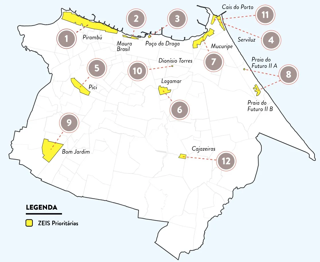 Mapa com as 12 áreas prioritárias para estudos em Fortaleza