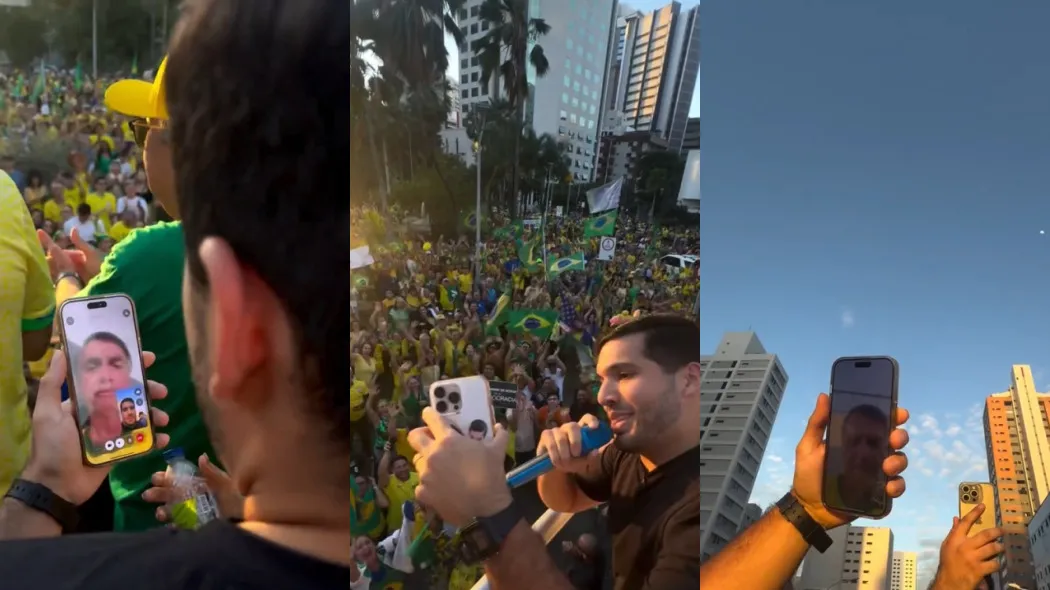 O deputado federal André Fernandes (PL) fez uma vídeochamada com o ex-presidente em meio à manifestação em Fortaleza
