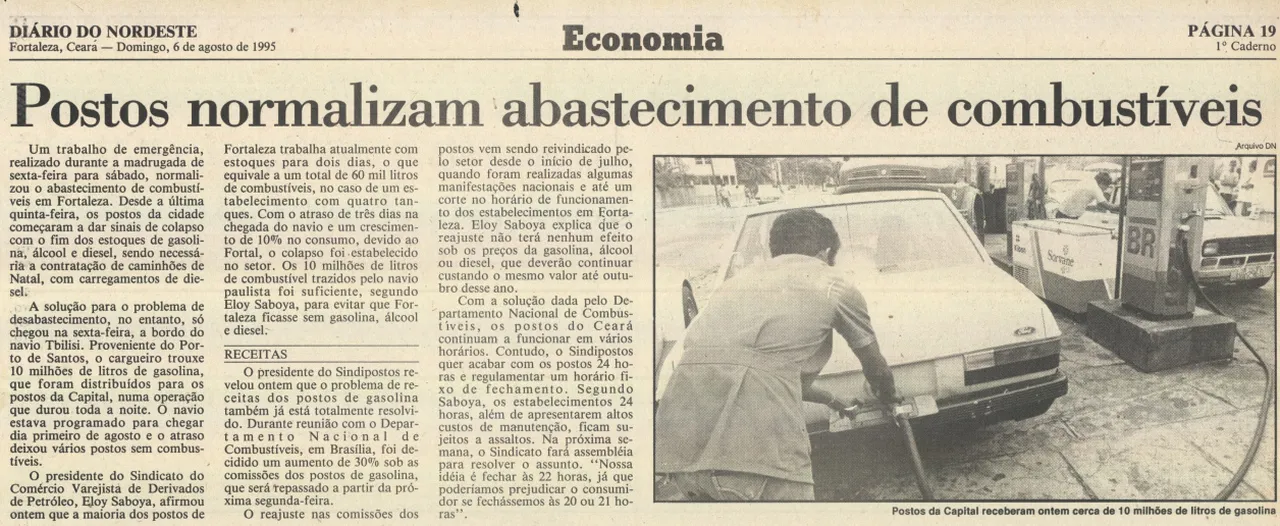 Matéria do Diário no dia 6 de agosto de 1995 já mostrava retomada do abastecimento