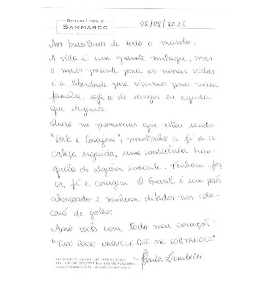 Carta foi divulgada pela defesa de Carla Zambelli