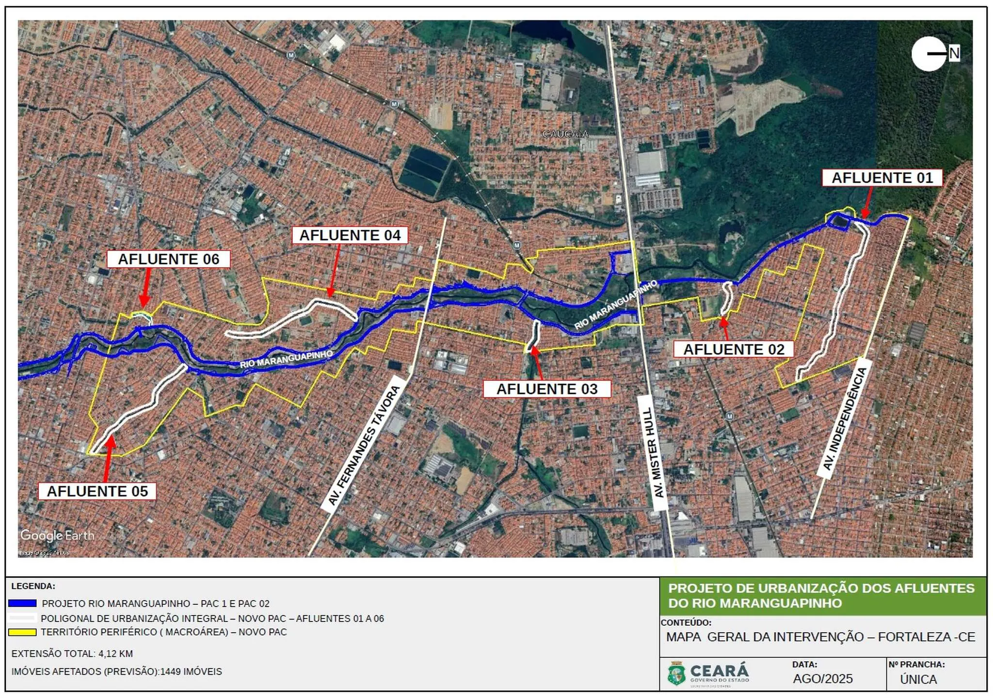 Mapa da intervenção do projeto de urbanização dos afluentes do rio Maranguapinho