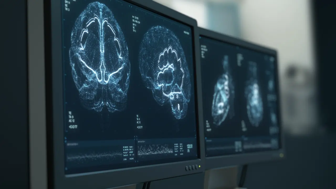 Imagem mostra exames de ressonância magnética cerebral exibindo diferentes cortes do cérebro em monitores de computador, ilustrando aprovação pela Anvisa do registro de medicamento oral para tratamento de câncer no cérebro.