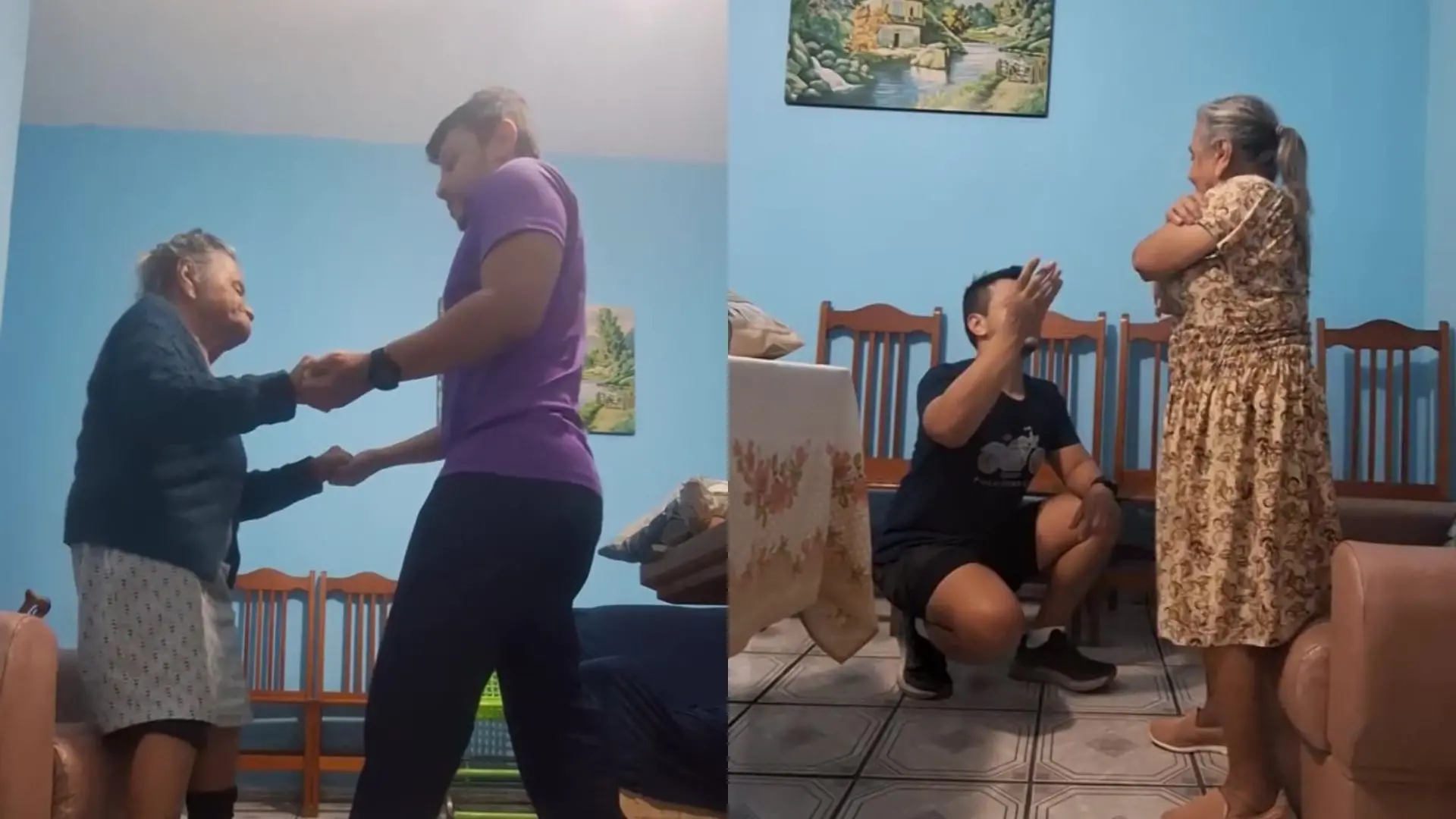 Imagem de um fisioterapeuta e uma idosa, mostrando momentos de alegria entre idosos e adultos, ambientada em uma sala de estar.