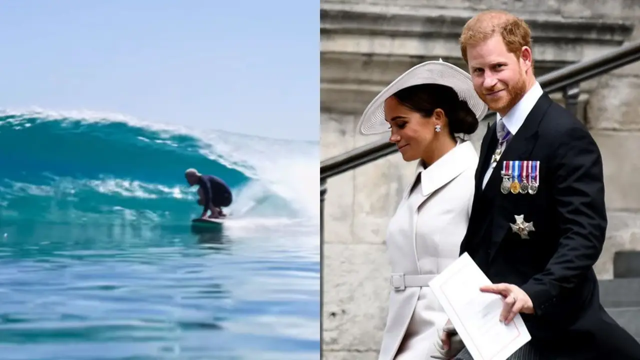 Imagem da notícia: Meghan Markle posta vídeo raro de príncipe Harry surfando e faz flerte com trilha sonora