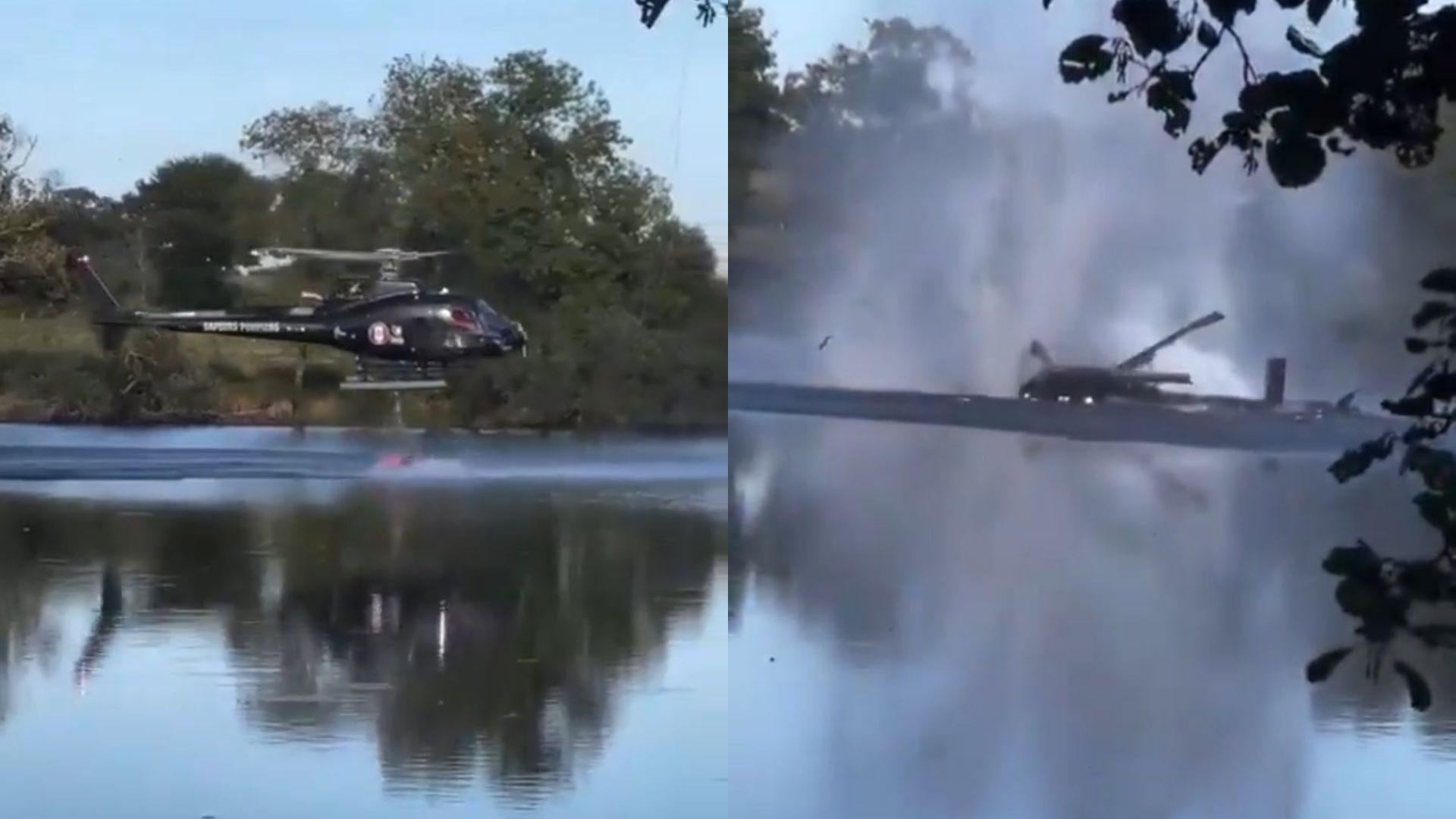 Imagem da notícia Helicóptero cai em lago enquanto busca água para combater incêndio na França; veja vídeo