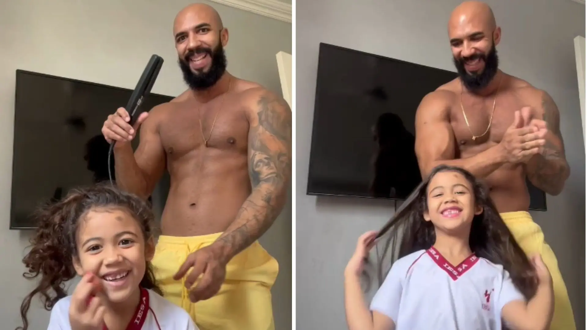 Imagem da notícia: Pai viraliza ao fazer chapinha no cabelo da filha de 5 anos