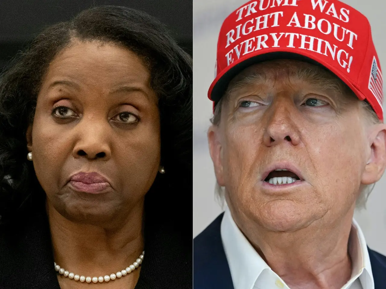 Esta combinação de imagens mostra a Governadora do FED, Lisa Cook, a esquerda, e o presidente dos EUA, Donald Trump, falando, a direita, ilustrando decisão da Justiça do EUA que proíbe temporariamente Trump de demitir Lisa
