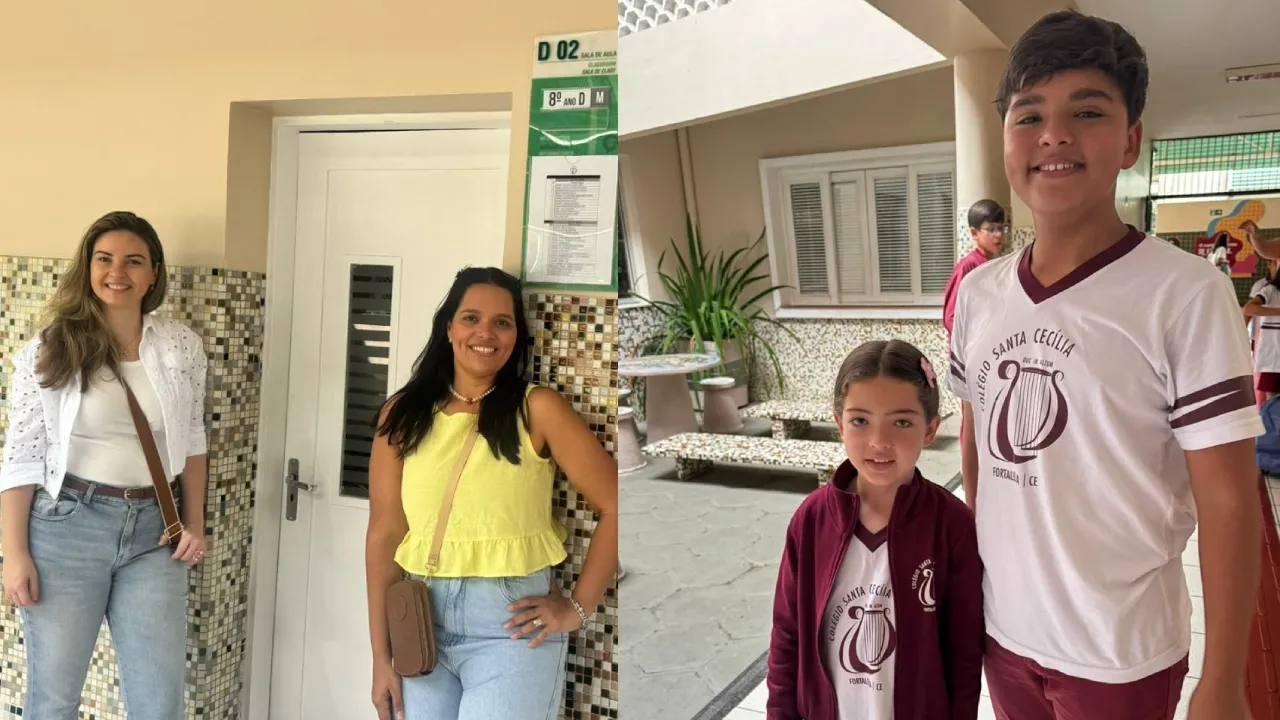 À esquerda, Juliana (de amarelo) e Cynthia, que estudaram juntas por toda a vida escolar no Santa Cecília; à direita, os filhos das duas, que estudam hoje na mesma escola