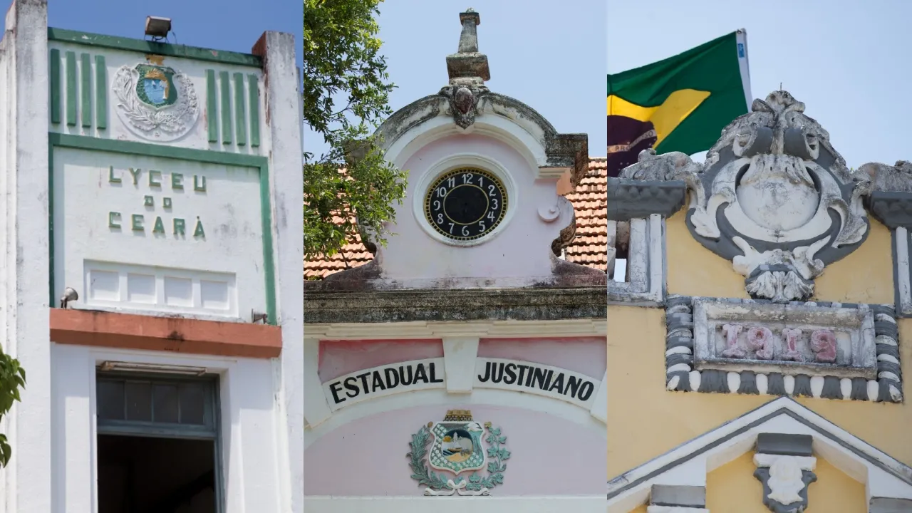 Fachadas de três dos colégios centenários de Fortaleza: Liceu, Justiniano de Serpa e Militar