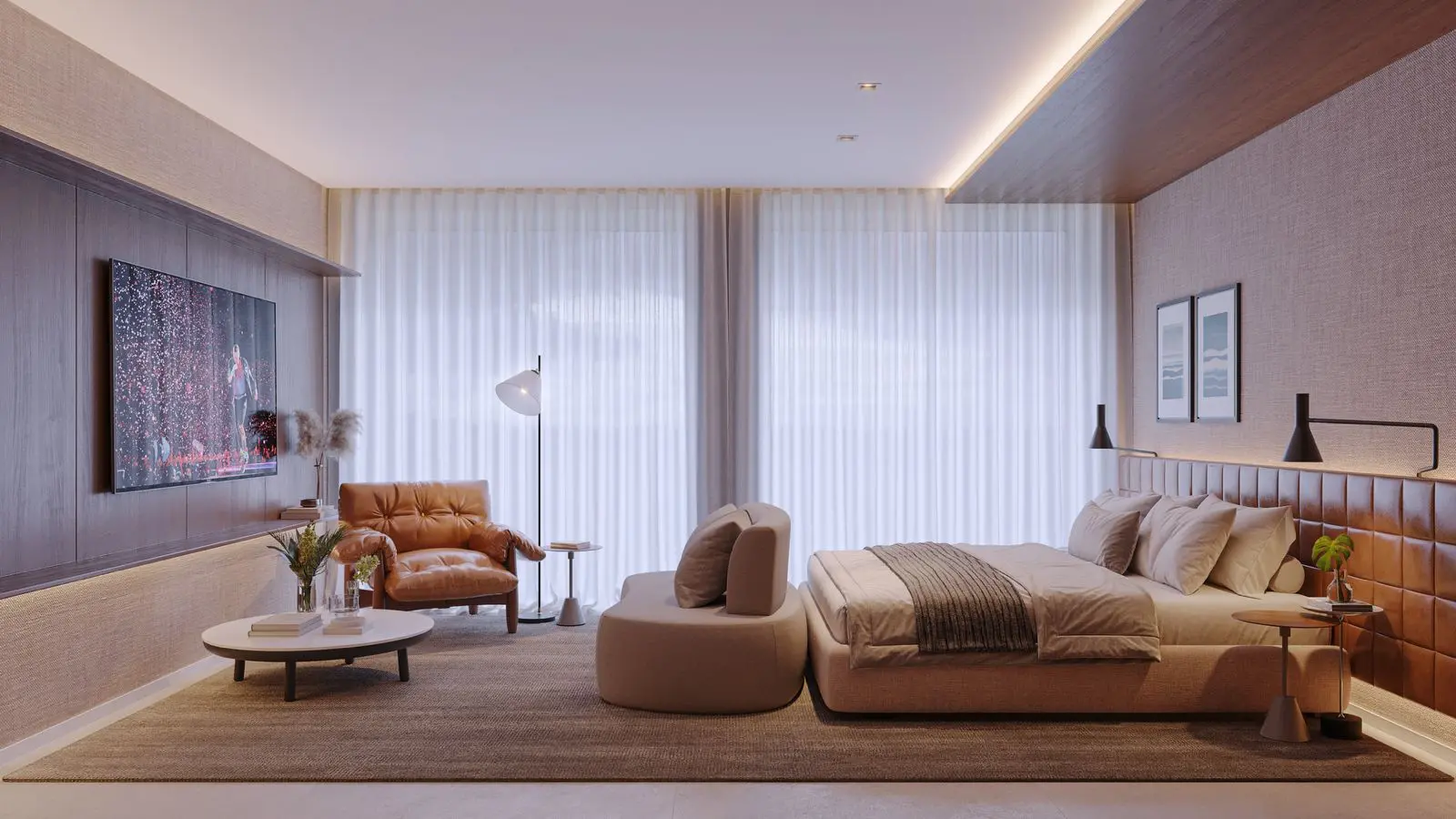 Imagem de foto de quarto de hotel com cama, mesinha e poltrona