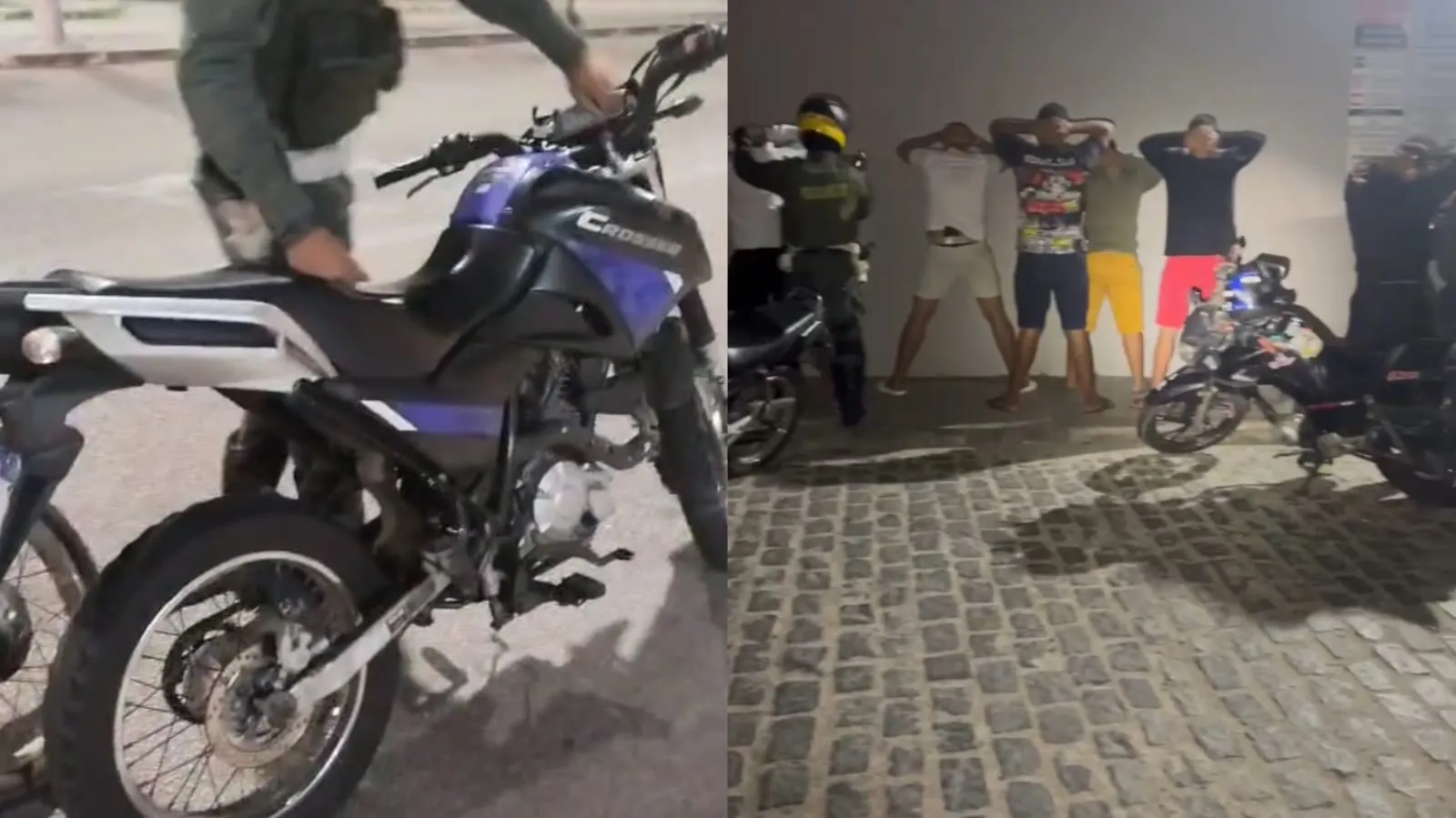 À esquerda, um agente inspeciona uma motocicleta preta e roxa modelo Crosser. À direita, quatro homens estão de frente para a parede, com as mãos na cabeça, sendo revistados por policiais, enquanto motos estão estacionadas próximas no local.