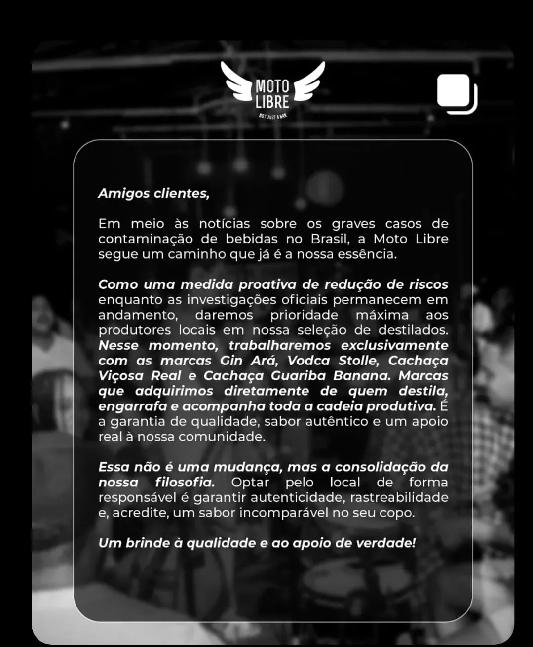 O bar Motolibre, na Praia de Iracema, foi um dos que adotou protocolo para priorizar bebidas locais, permitindo o rastreio da cadeia produtiva, informou o estabelecimento em nota.