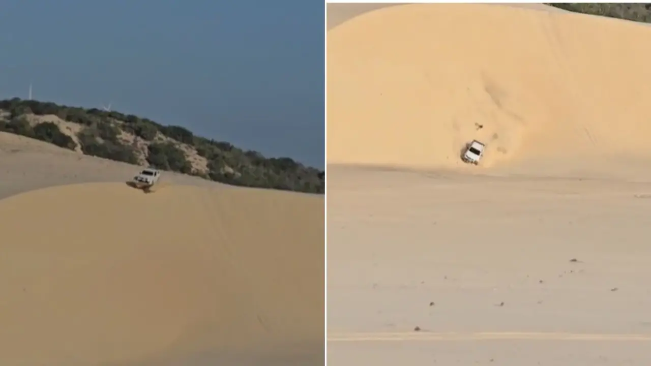 Imagem da notícia Caminhonete tomba após motorista fazer manobra arriscada em Canoa Quebrada; veja vídeo 