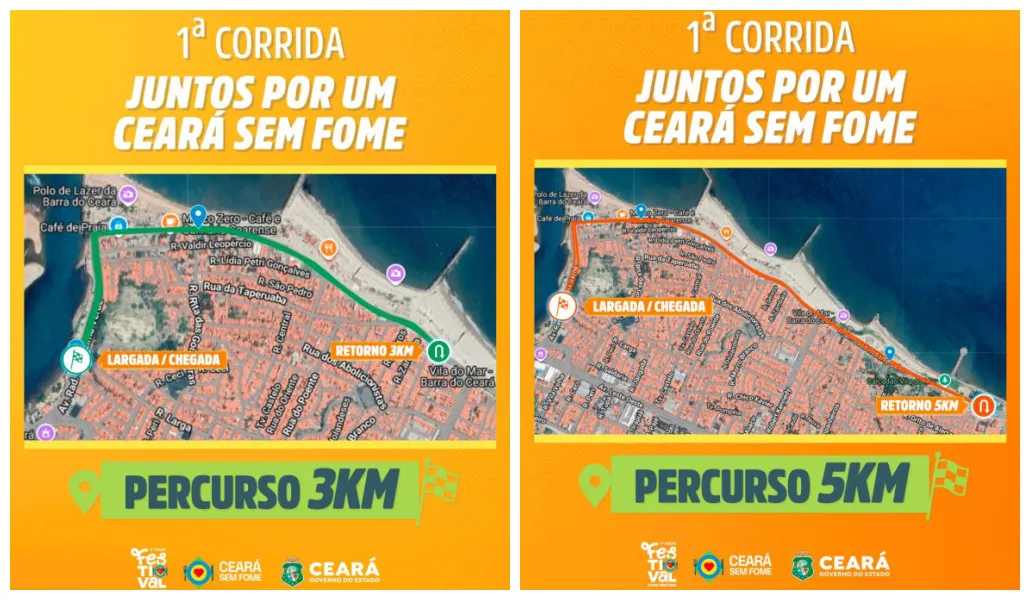 A Corrida 'Juntos por um Ceará Sem Fome terá percursos de 3 e 5 km.