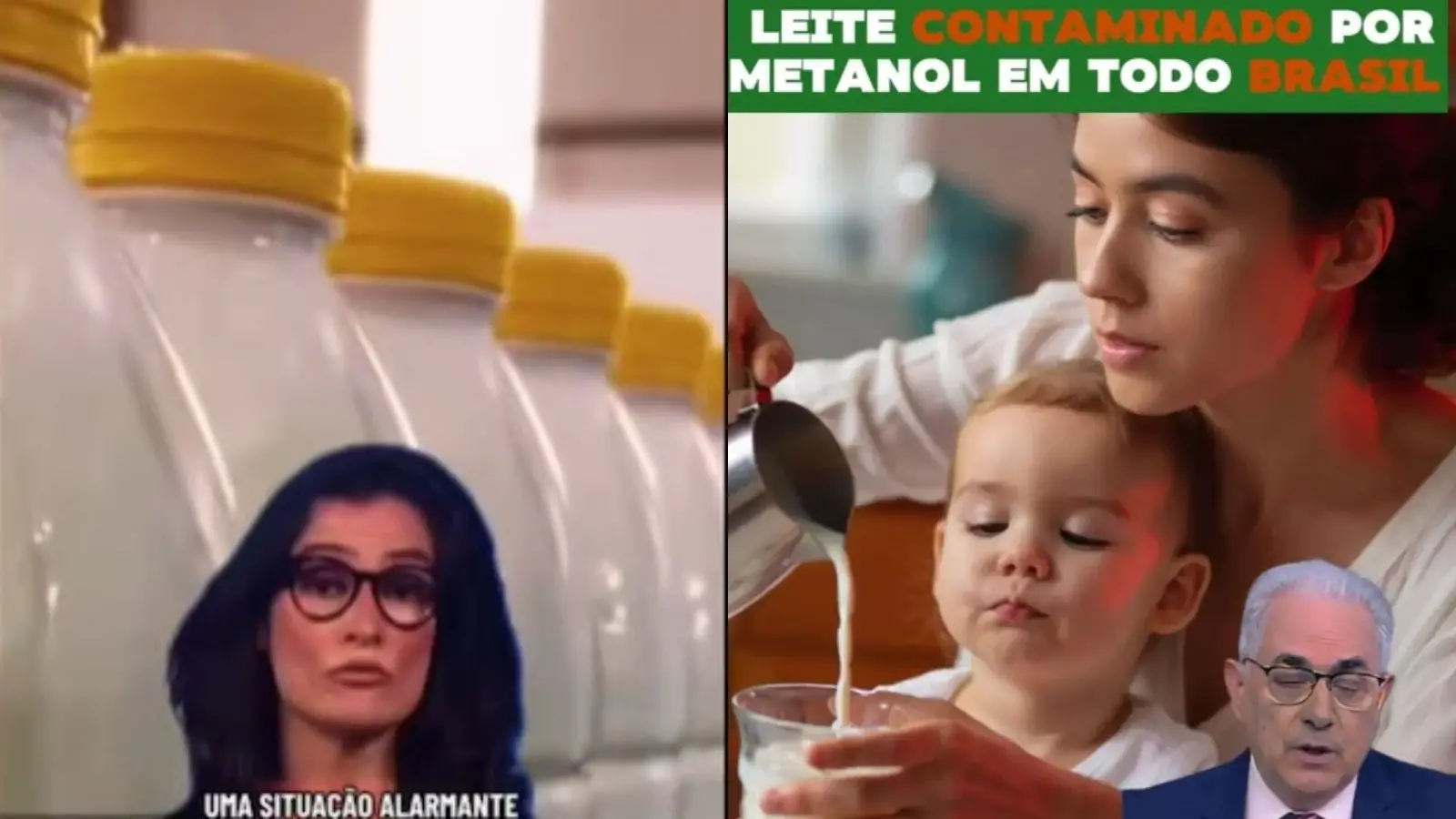 Print com duas imagens geradas por IA de um boato que usa tanto o rosto de Renata Vasconcellos como de William Waack em uma notícia falsa