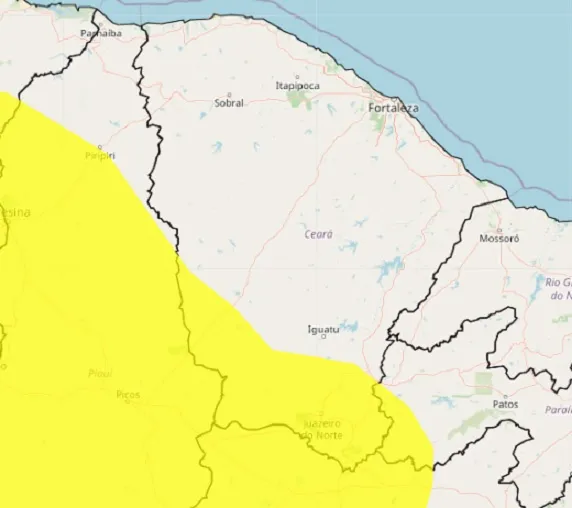 Área de possível ocorrência de chuvas no Ceará, segundo o Inmet.