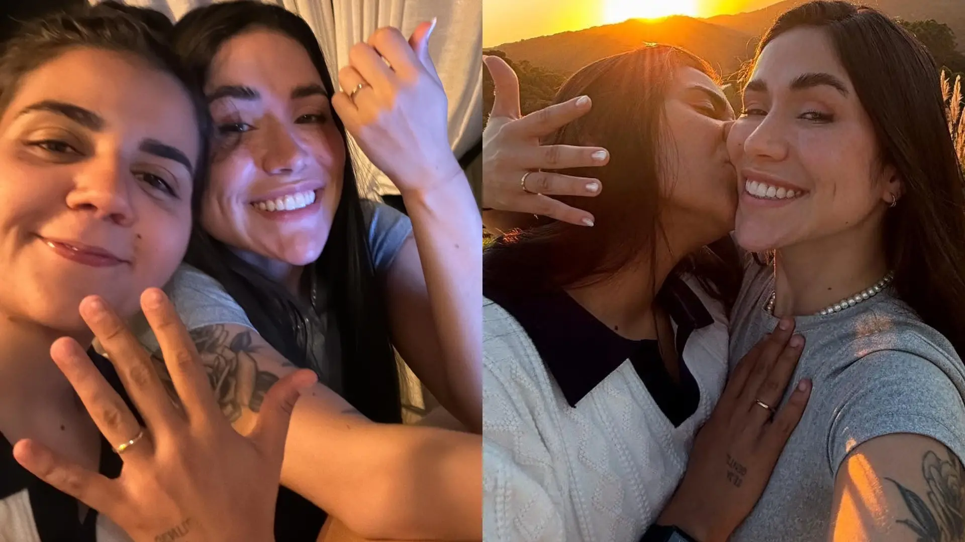 montagem de fotos de Yasmin Santos e Maria Venture mostrando alianças.