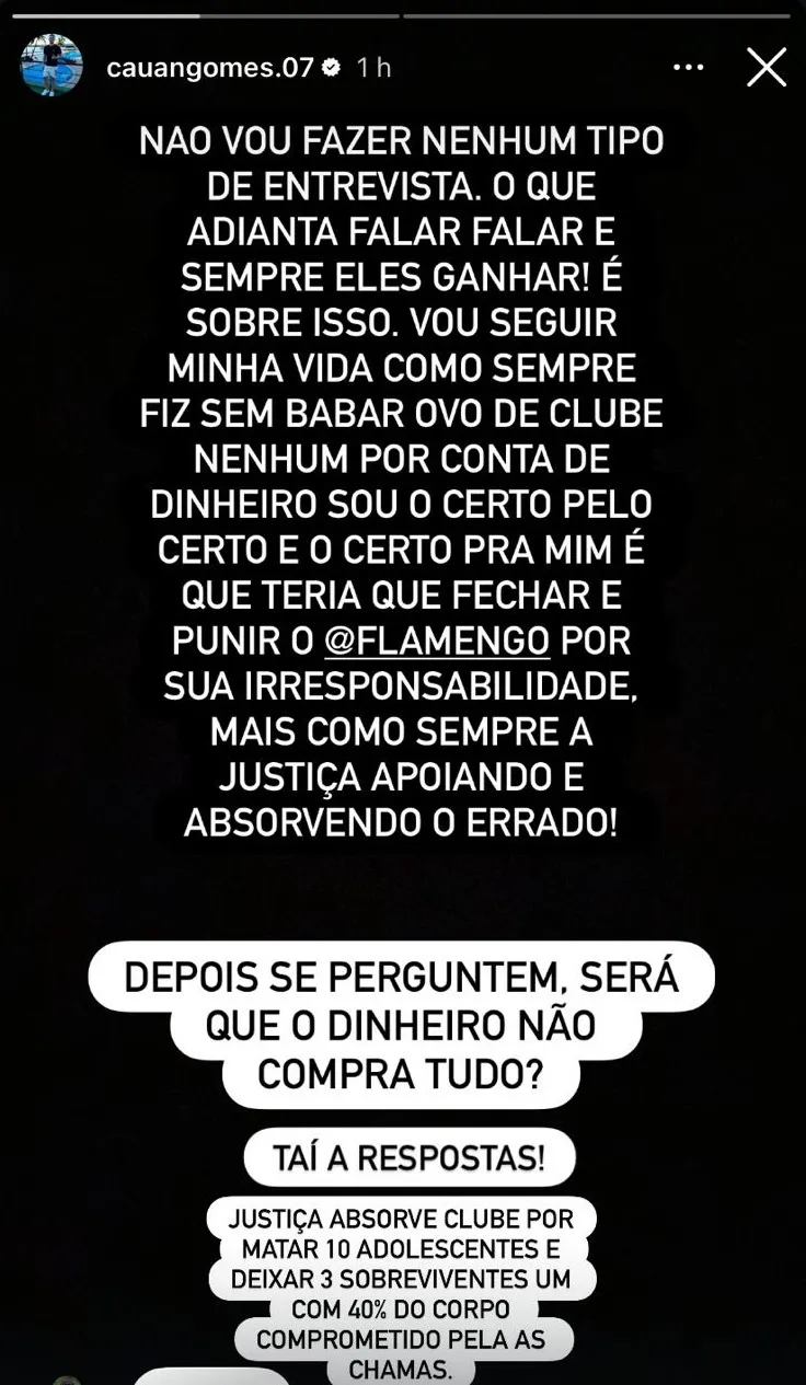 Cauan Gomes se manifestou nas redes sociais.