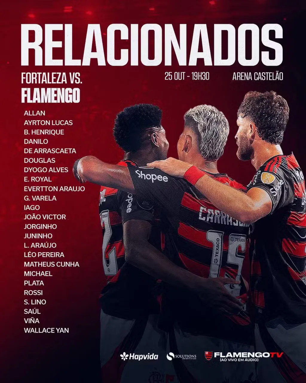 Lista de relacionados do Flamengo para enfrentar o Fortaleza