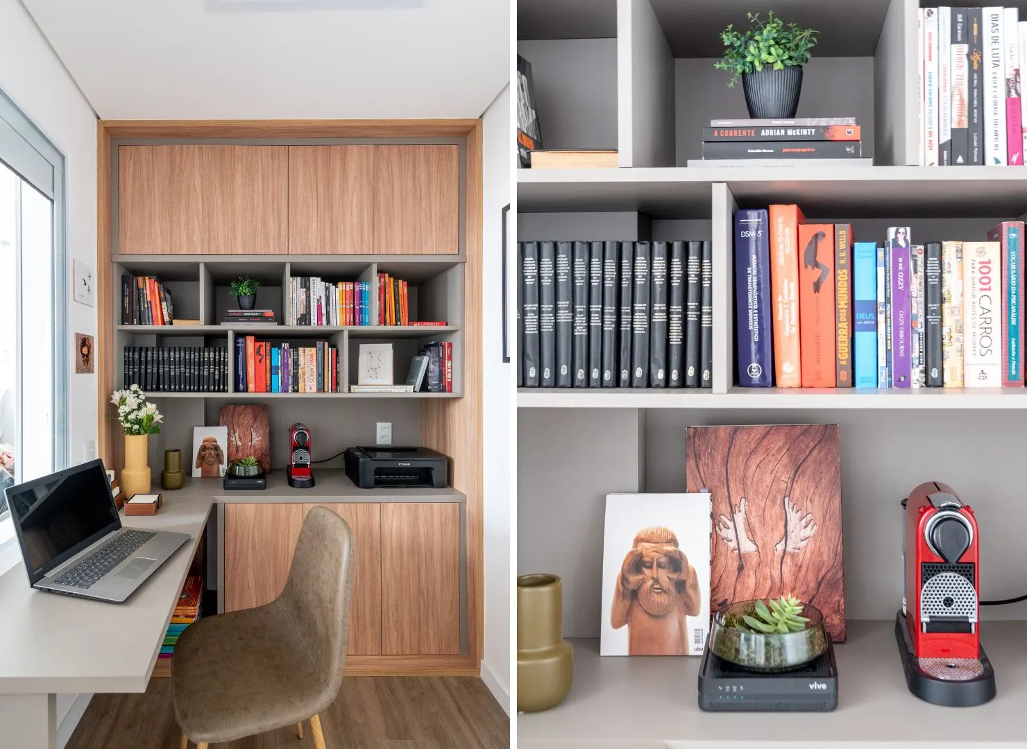 Sala de home office com nichos de marcenaria