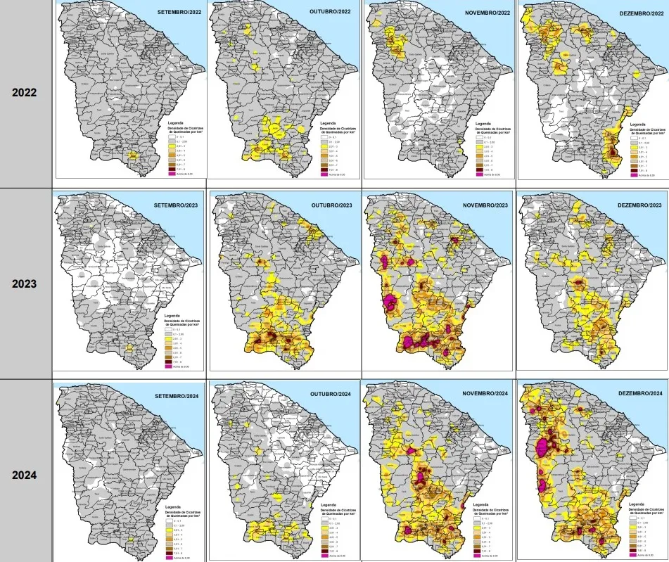 Mapa revela intensificação de queimadas no Ceará nos meses de setembro a dezembro.