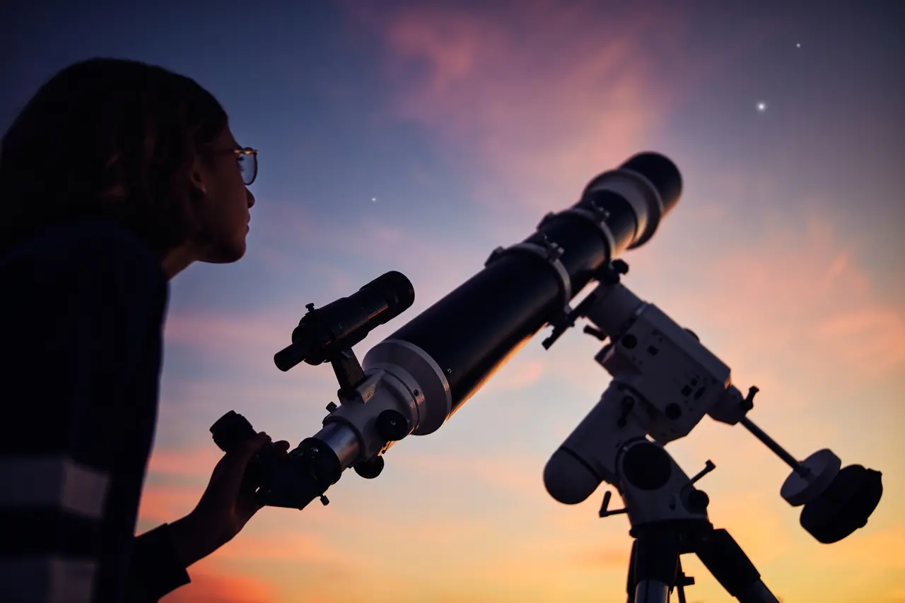 Imagem mostra jovem mulher observando o céu noturno com um telescópio, sob um pôr do sol em tons de rosa e azul, com estrelas tênues.