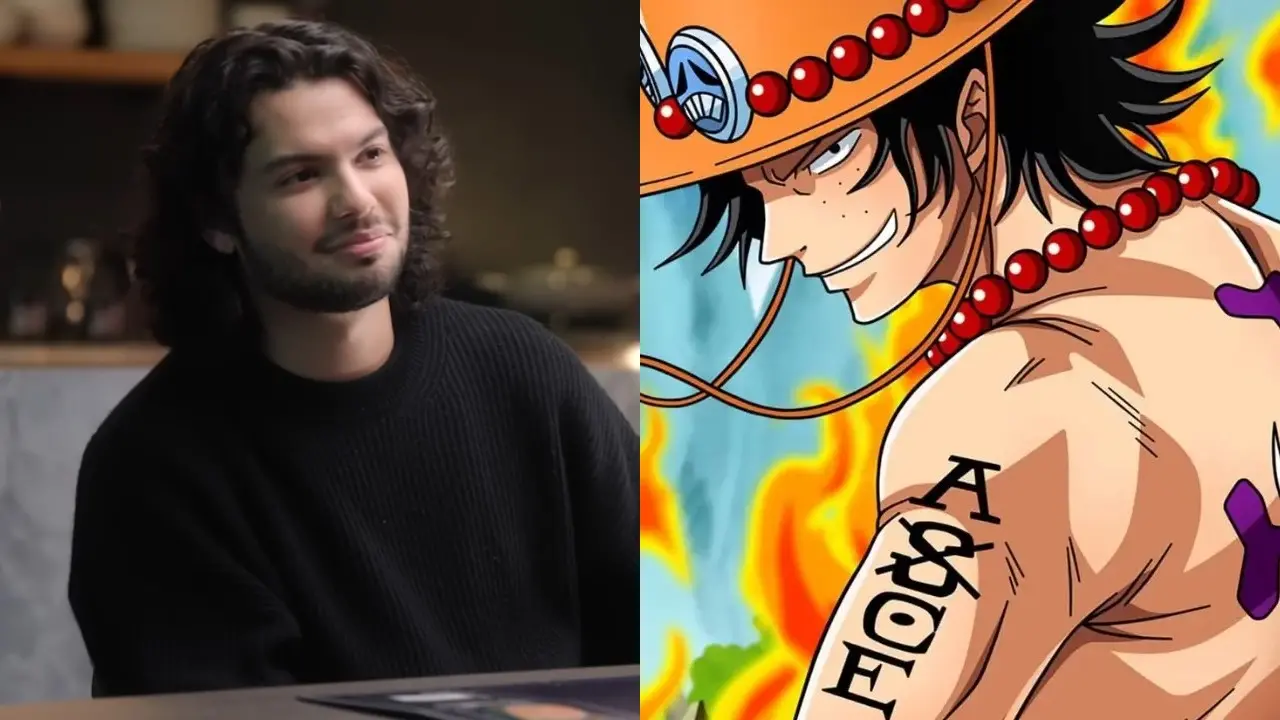 Imagem Maridueña ao lado do personagem Portgas D. Ace.