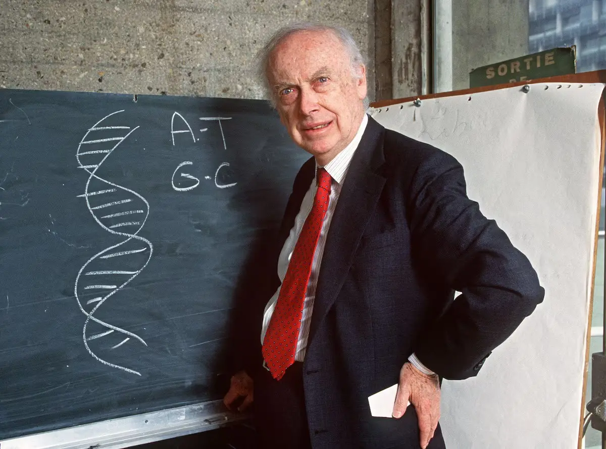 James ao lado de uma lousa, com a representação do DNA desenhado nele. Ele está de paletó e gravata.