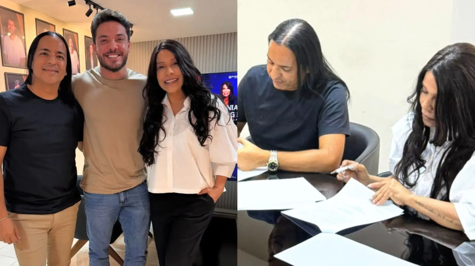 Montagem de duas fotos. À esquerda, três pessoas sorrindo: um homem de cabelo comprido e camiseta preta, um homem de barba e camiseta bege, e uma mulher de blusa branca e calça preta. À direita, o homem de cabelo comprido e a mulher de blusa branca sentados em uma mesa, analisando documentos. Nas fotos estão Berg Rabelo, Silvânia Aquino e Wesley Safadão.