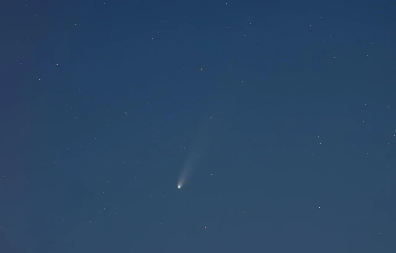 Foto do céu azul claro na madrugada mostra algumas estrelas no céu e, ao centro, um pequeno cometa com ponto branco luminoso e cauda esbranquiçada.