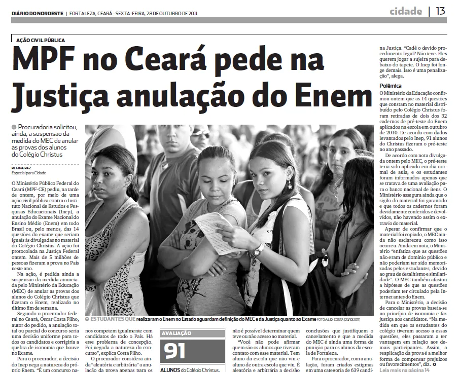 Procuradoria solicitou a suspensão da medida do MEC de anular as provas dos alunos do Colégio Christus.