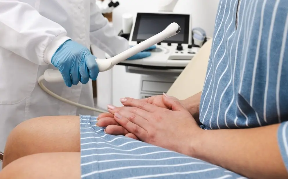 Ginecologista se prepara para fazer ultrassom transvaginal em paciente.
