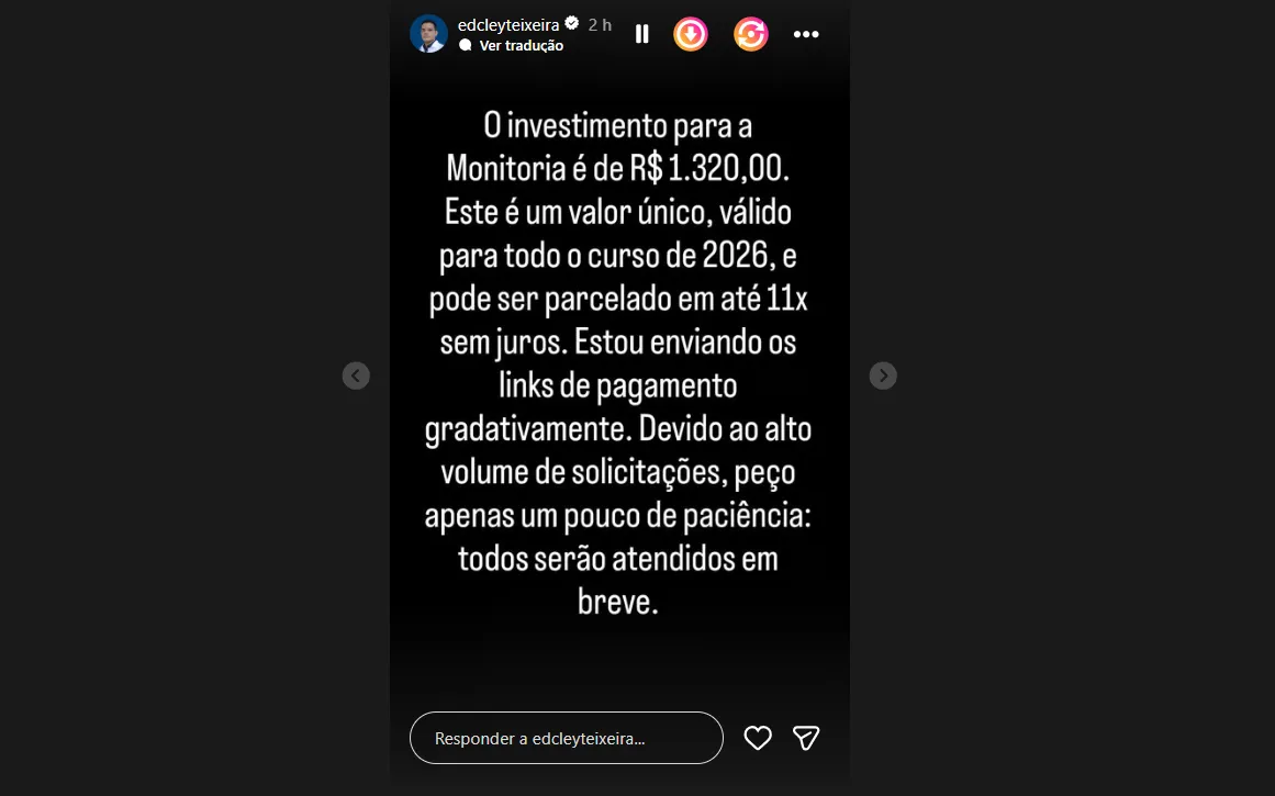 Edcley segue vendendo monitorias agendadas para 2026