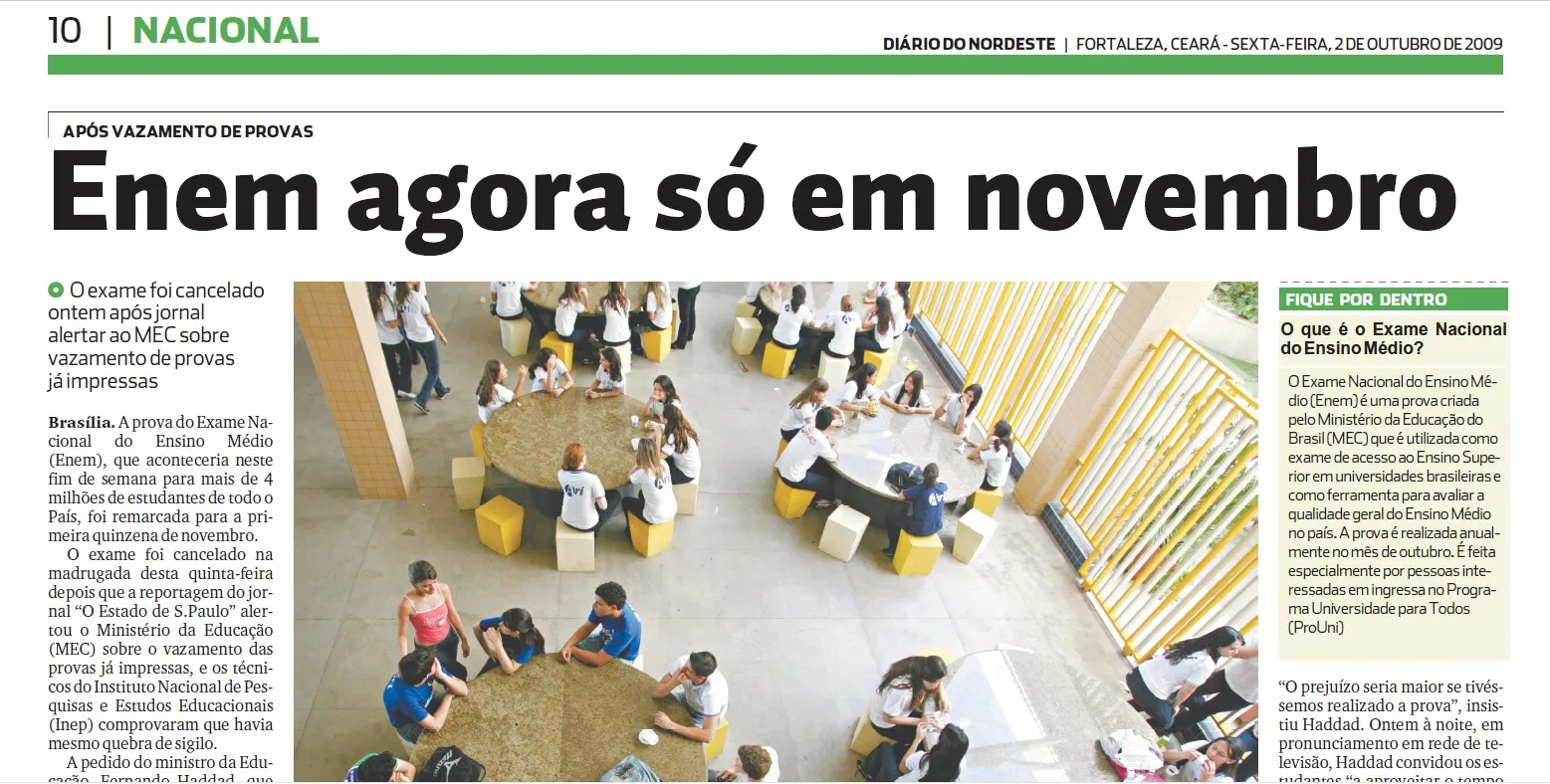 Edição do Diário do Nordeste de outubro de 2009 destaca adiamento de provas após vazamento.