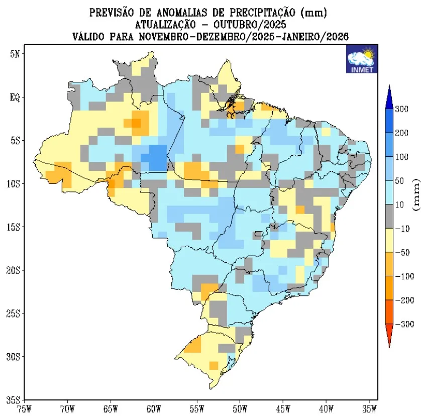 Previsão do Inmet para o trimestre de novembro de 2025 a janeiro de 2026.