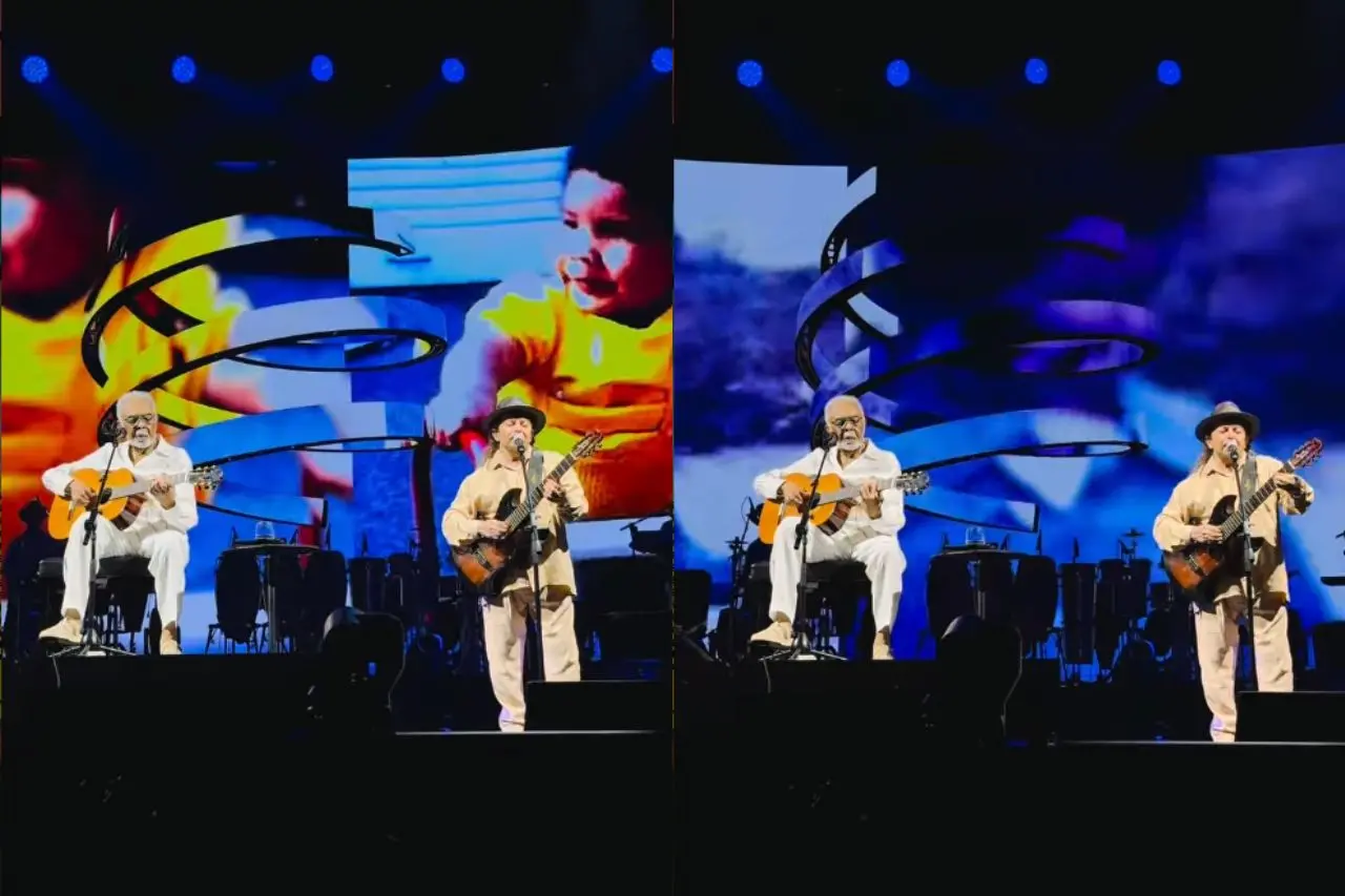 Imagem da notícia Gilberto Gil se emociona e chora com homenagem de Geraldo Azevedo; assista